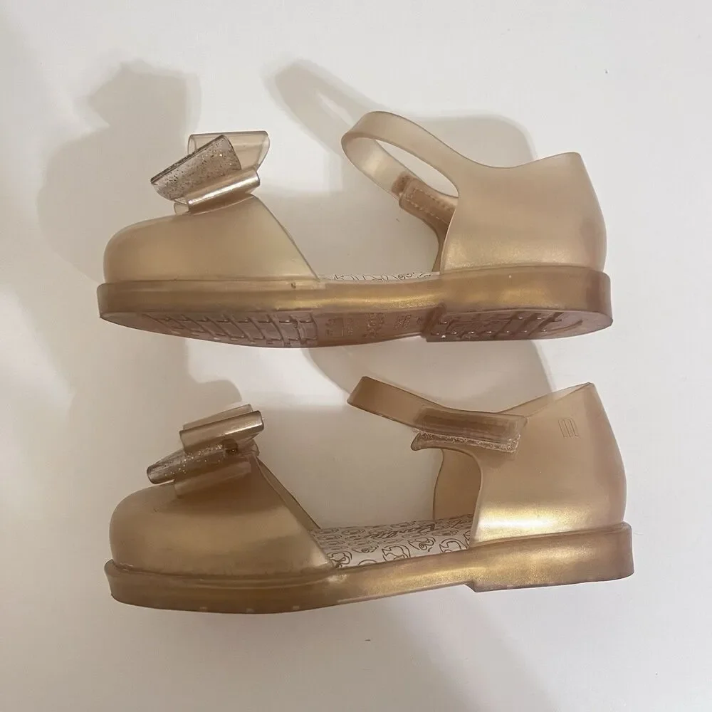Mini Melissa Amy x Barbie Gold Mary Jane Bow Sandal Shoes Toddler Girls Size 10